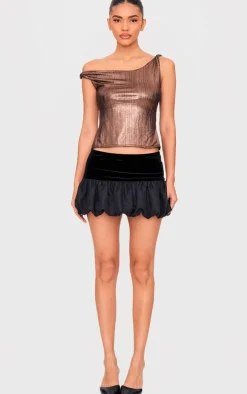 Gold Metallic Textured Twist Shoulder Long Top