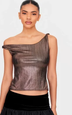 Gold Metallic Textured Twist Shoulder Long Top