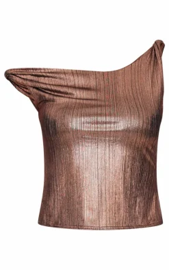 Gold Metallic Textured Twist Shoulder Long Top