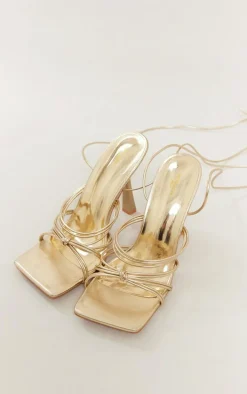 Gold Metallic Wide Fit Strappy Knot Detail Square Lace Up High Heeled Sandals