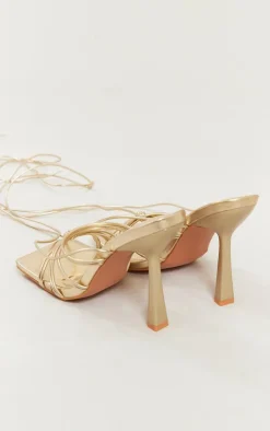 Gold Metallic Wide Fit Strappy Knot Detail Square Lace Up High Heeled Sandals