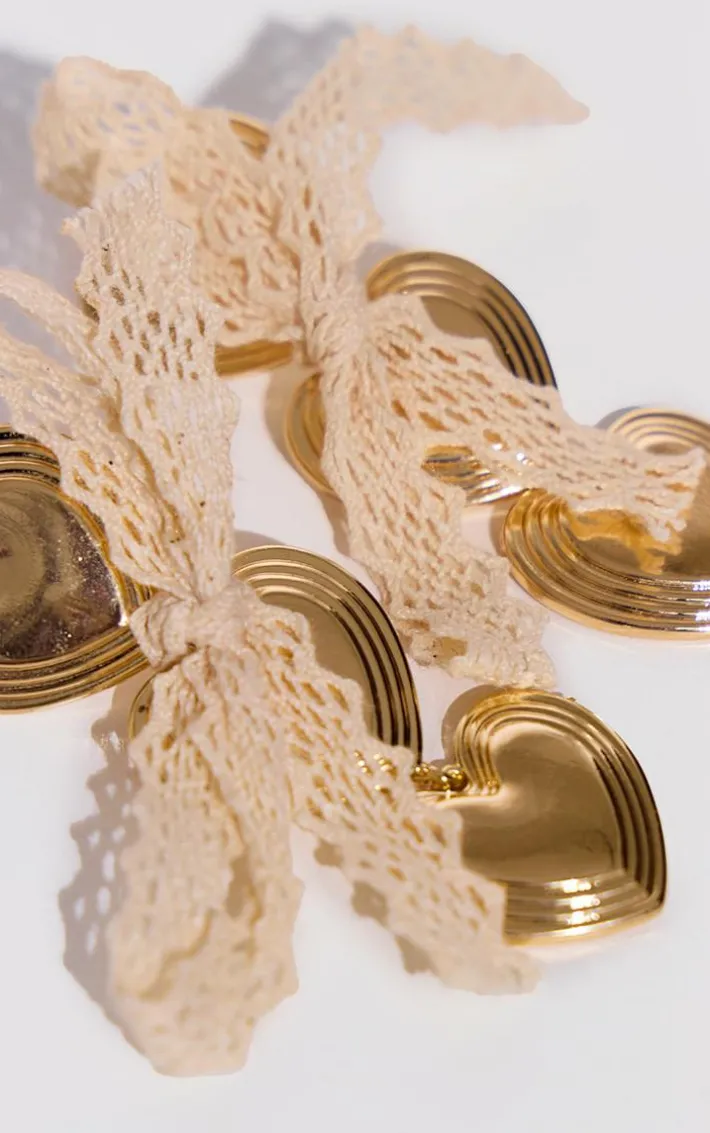 Gold Molten Heart Lace Bow Statement Earrings