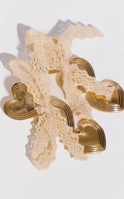 Gold Molten Heart Lace Bow Statement Earrings