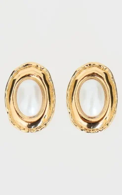 Gold Molten Oversized Pearl Detail Stud Earrings
