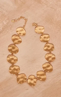 Gold Molten Texture Oval Disk Necklace