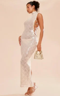 Gold Patterned Sequin Lace Up Side High Neck Midaxi Dress