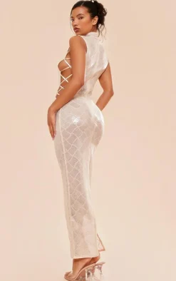 Gold Patterned Sequin Lace Up Side High Neck Midaxi Dress