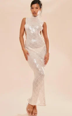 Gold Patterned Sequin Lace Up Side High Neck Midaxi Dress