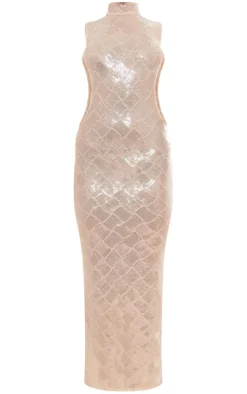 Gold Patterned Sequin Lace Up Side High Neck Midaxi Dress