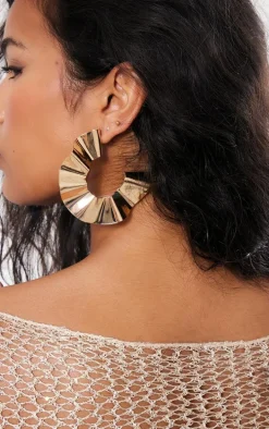 Gold Pleated Round Statement Earrings