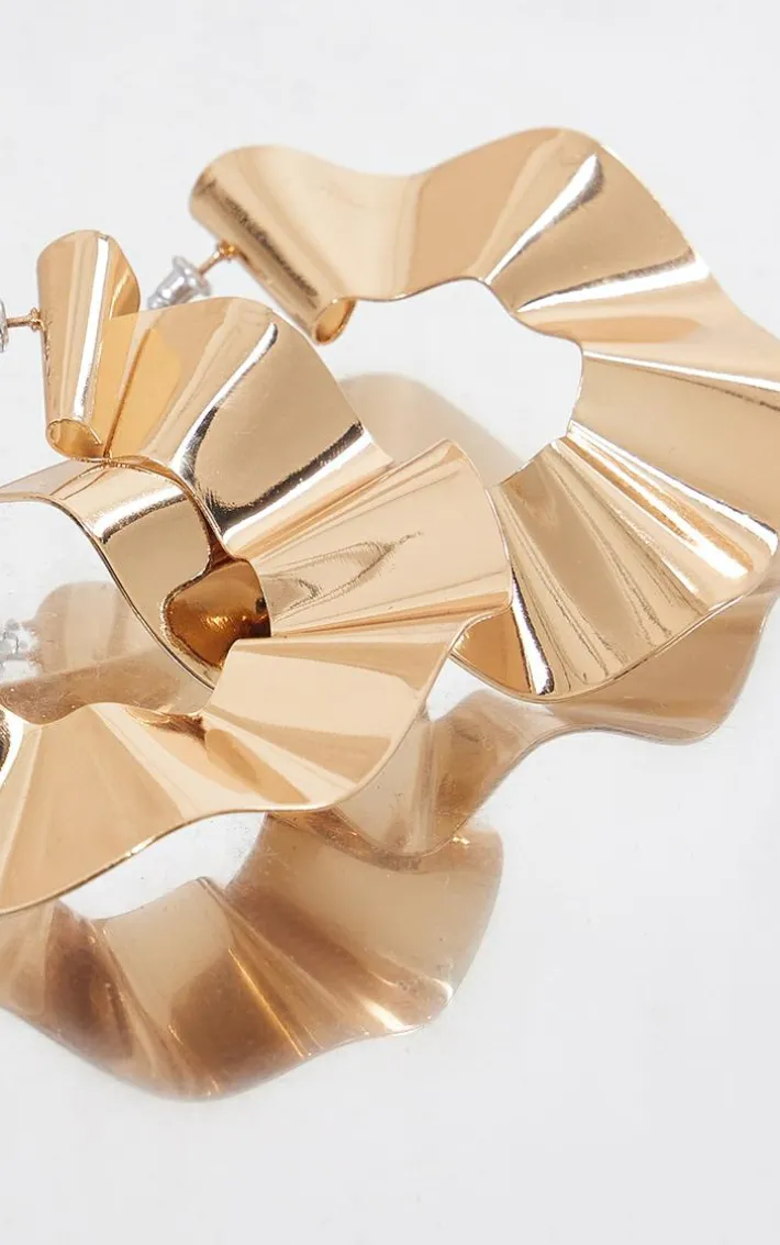 Gold Pleated Round Statement Earrings