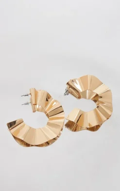 Gold Pleated Round Statement Earrings