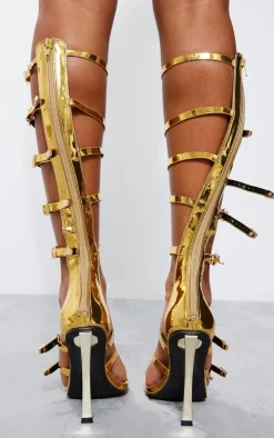 Gold Pointed Multi Buckle Strap Knee High Heeled Sandals