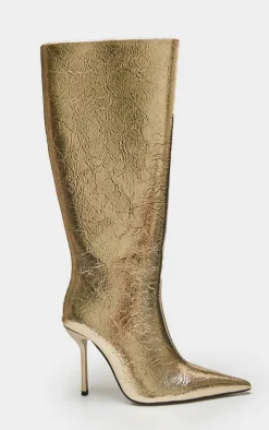 Gold PU Crinkle Point Toe Knee High Stiletto Heeled Boots