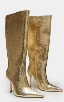 Gold PU Crinkle Point Toe Knee High Stiletto Heeled Boots