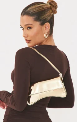Gold PU Flap Over Baguette Shoulder Bag