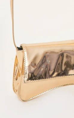 Gold PU Flap Over Baguette Shoulder Bag