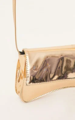 Gold PU Flap Over Baguette Shoulder Bag