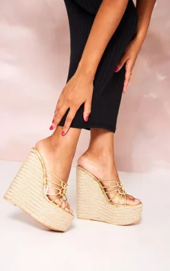 Gold PU Knotted Twists High Heeled Espadrille Wedges