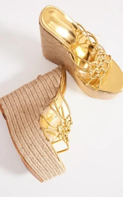 Gold PU Knotted Twists High Heeled Espadrille Wedges