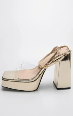 Gold PU Perspex Strap Platform Heeled Sandal