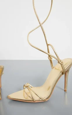 Gold PU Point Toe Metallic Strappy Lace Up Heeled Sandals