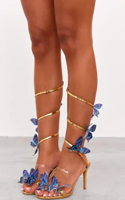 Gold PU Round Toe Blue Butterfly Spiral Strap High Heeled Sandals