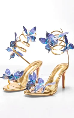 Gold PU Round Toe Blue Butterfly Spiral Strap High Heeled Sandals