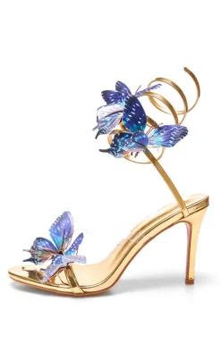 Gold PU Round Toe Blue Butterfly Spiral Strap High Heeled Sandals