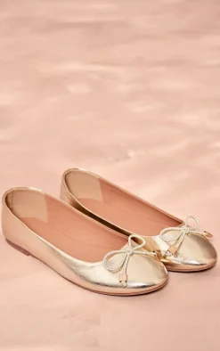 Gold Pu Round Toe Bow Detail Ballet Pumps