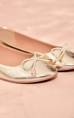 Gold Pu Round Toe Bow Detail Ballet Pumps