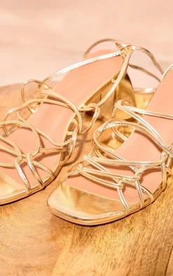 Gold PU Round Toe Lace Up Strappy Block Heeled Sandals