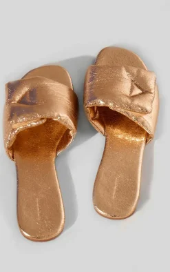 Gold Pu Round Toe Padded Velcro Strap Slider Sandals