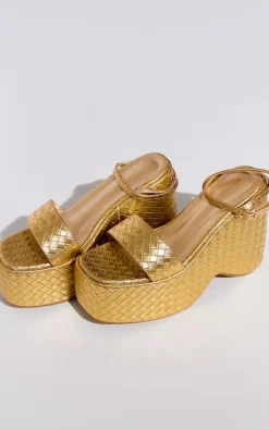 Gold PU Round Toe Woven Wedge Platform Sandals