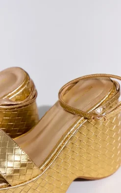 Gold PU Round Toe Woven Wedge Platform Sandals