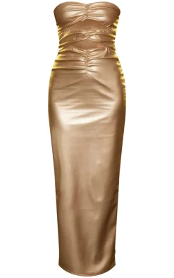 Gold Pu Ruched Cut Out Detail Maxi Dress