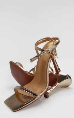 Gold PU Square Toe Barely There Mid Heeled Sandals