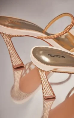 Gold PU Square Toe Diamante Spiral High Heeled Sandals