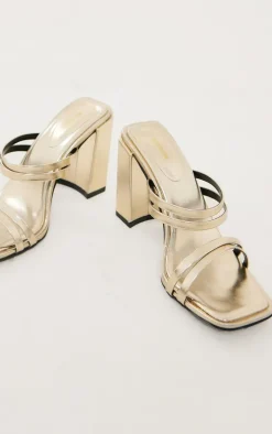 Gold PU Square Toe Double Strap Mid Block Heeled Mules