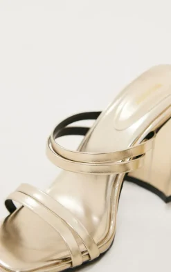 Gold PU Square Toe Double Strap Mid Block Heeled Mules