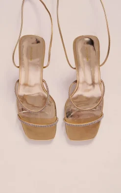 Gold PU Square Toe Double Diamante Strap Lace Up Heeled Sandals