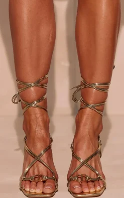 Gold Pu Square Toe Metal Trim Cross Over Lace Up Heeled Sandals