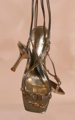 Gold Pu Square Toe Metal Trim Cross Over Lace Up Heeled Sandals