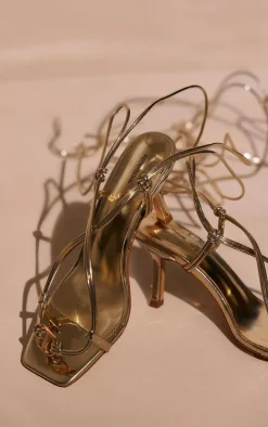 Gold Pu Square Toe Metal Trim Cross Over Lace Up Heeled Sandals