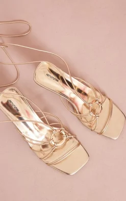Gold PU Square Toe Ring Detail Lace Up Low Heeled Sandals
