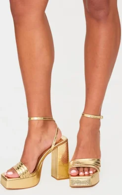 Gold PU Square Toe Strappy Block Platform Heels