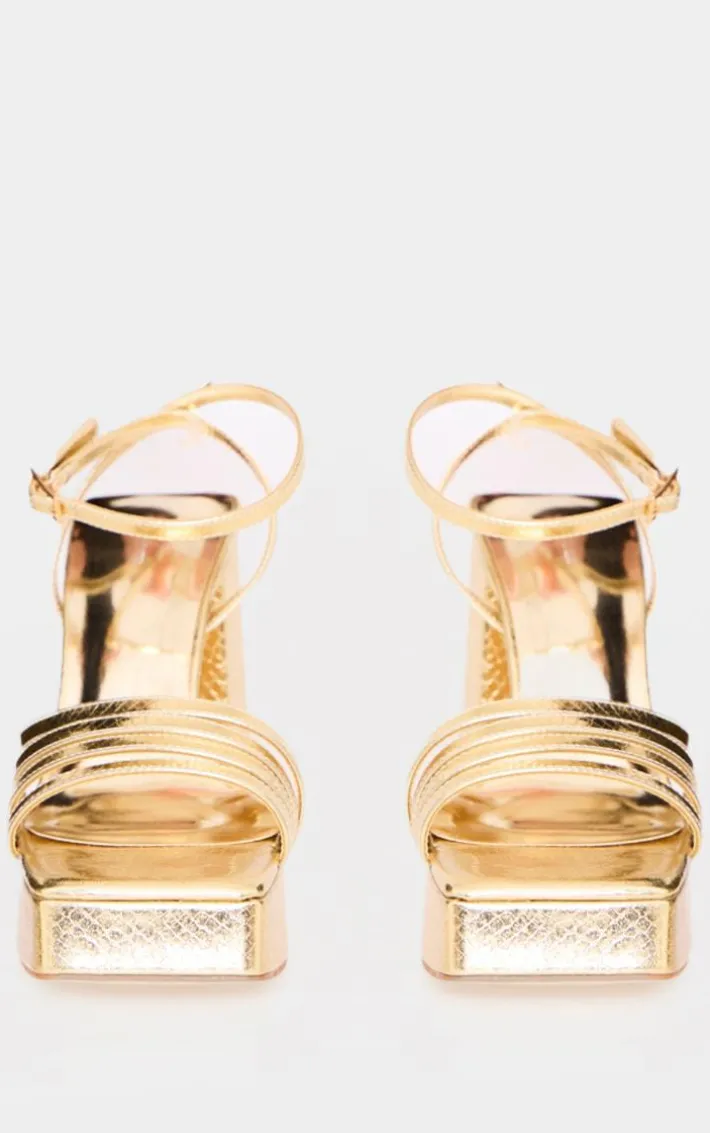 Gold PU Square Toe Strappy Block Platform Heels