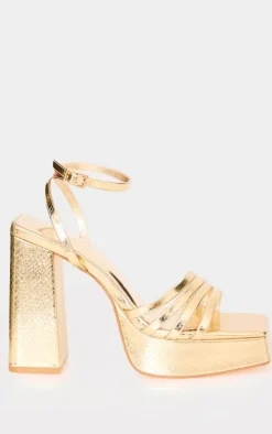 Gold PU Square Toe Strappy Block Platform Heels