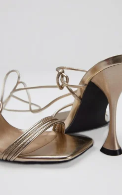 Gold Pu Square Toe Triple Strap Lace Up Mid Heeled Sandals