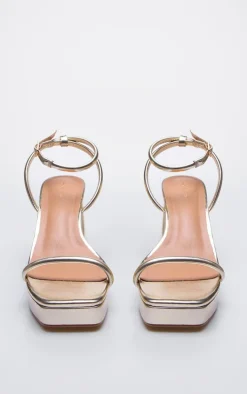 Gold PU Square Toe Tube Barely There Strap Platform Heels
